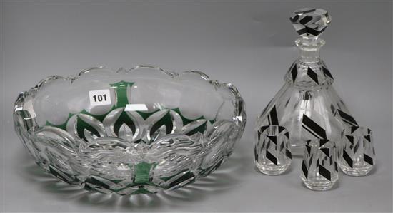 An Art Deco style decanter with three glasses and a cut emerald glass bowl signed Van St Lambert bowl diameter 30.5cm